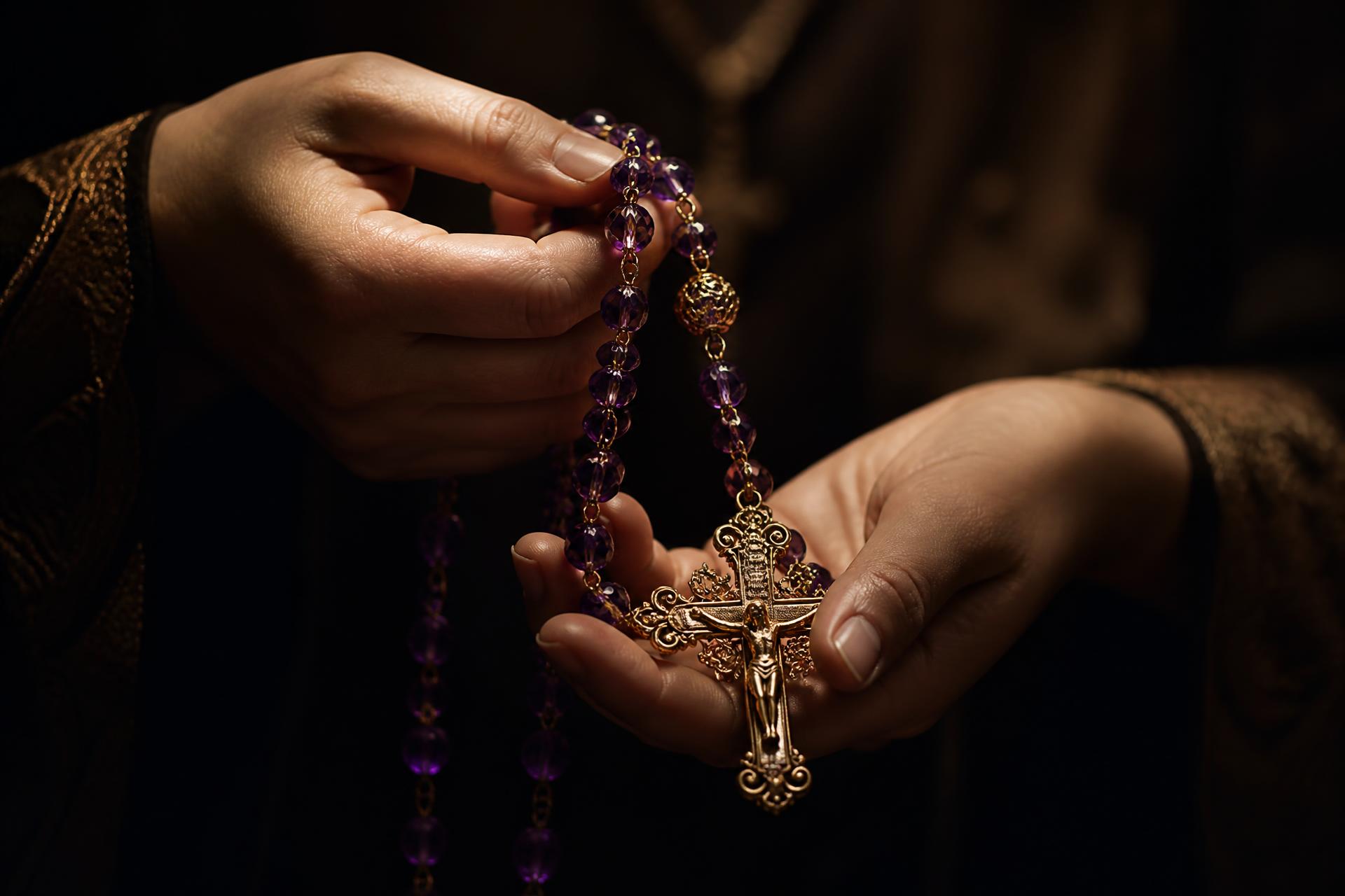 Hands holding an ETERNA amethyst rosary with a gold crucifix